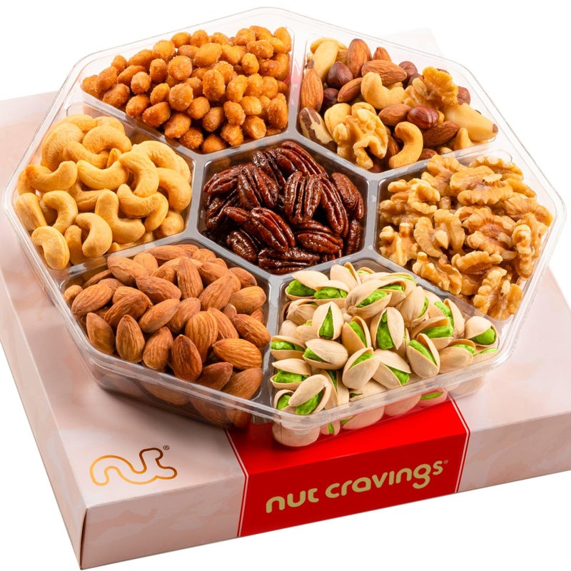 NUT CRAVINGS - Halloween Treats For Adults Mixed Nuts Gift Basket in Red Gold Box (7 Assortments, 1 LB) Holiday Xmas Christmas Food Arrangement, Healthy Snack Care Package, Food Assortments - Image 1